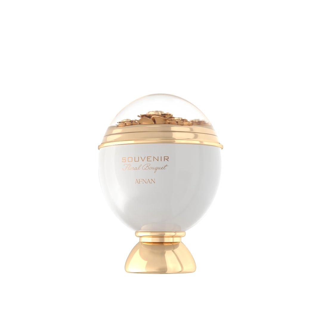 White dome perfume bottle with gold decorative base and floral detail under transparent top, Afnan.
