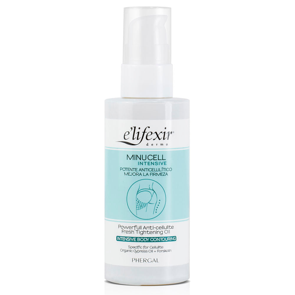 E'lifexir White and light blue plastic cylindrical body oil bottle with pump dispenser, transparent cap, label illustration