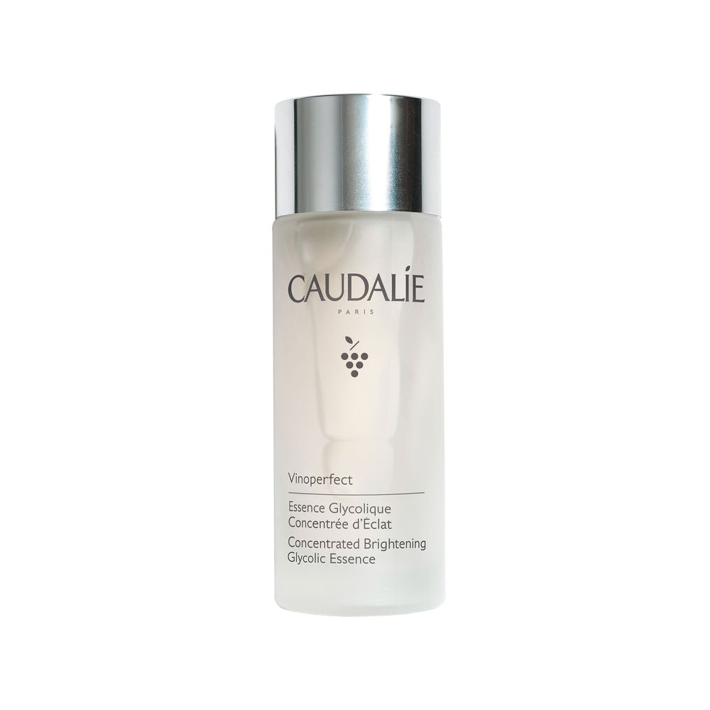 Caudalie Frosted glass cylindrical skincare essence with silver metal cap, printed logo and grape cluster icon