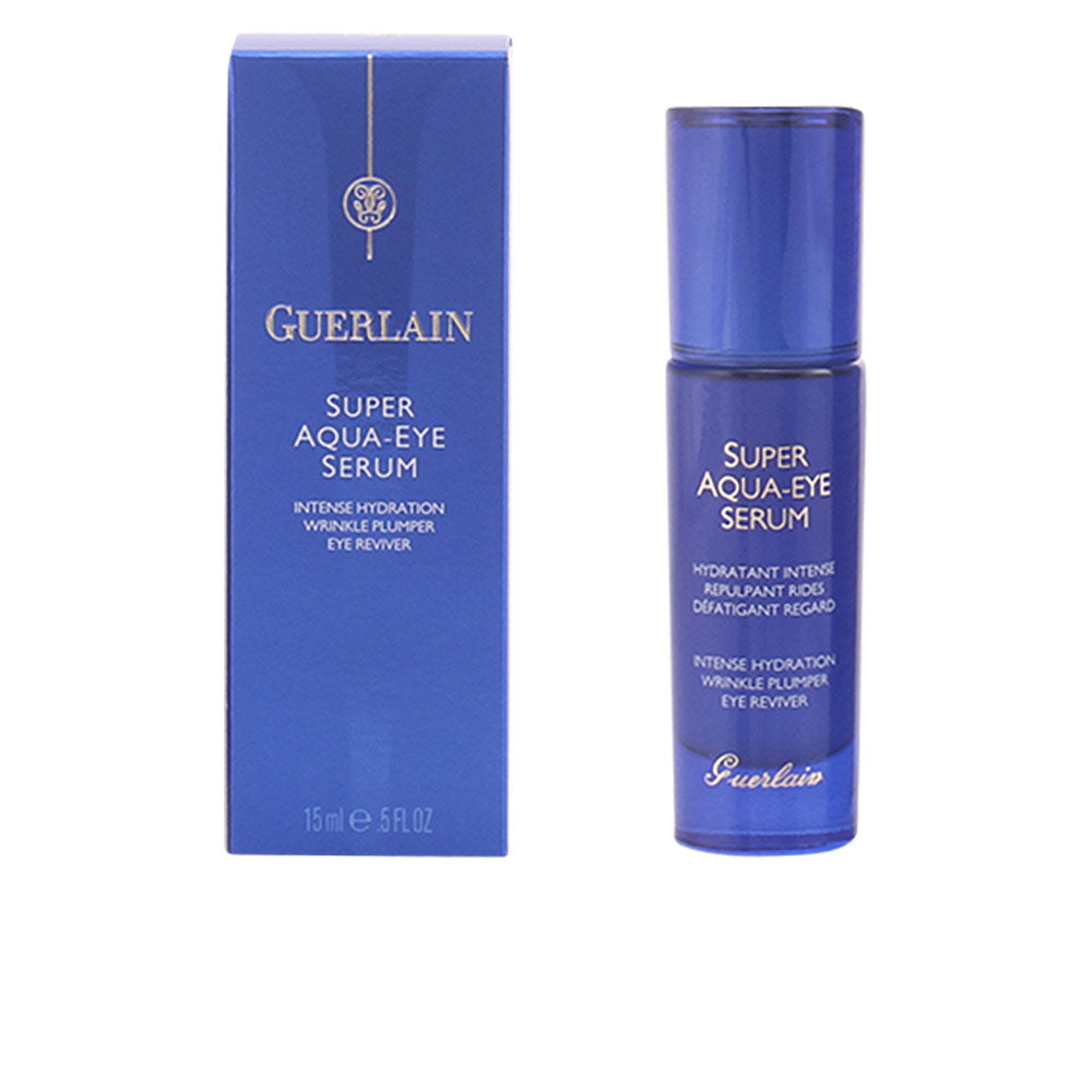 Guerlain Blue cylindrical plastic eye serum bottle with gold text and pump dispenser beside box, .