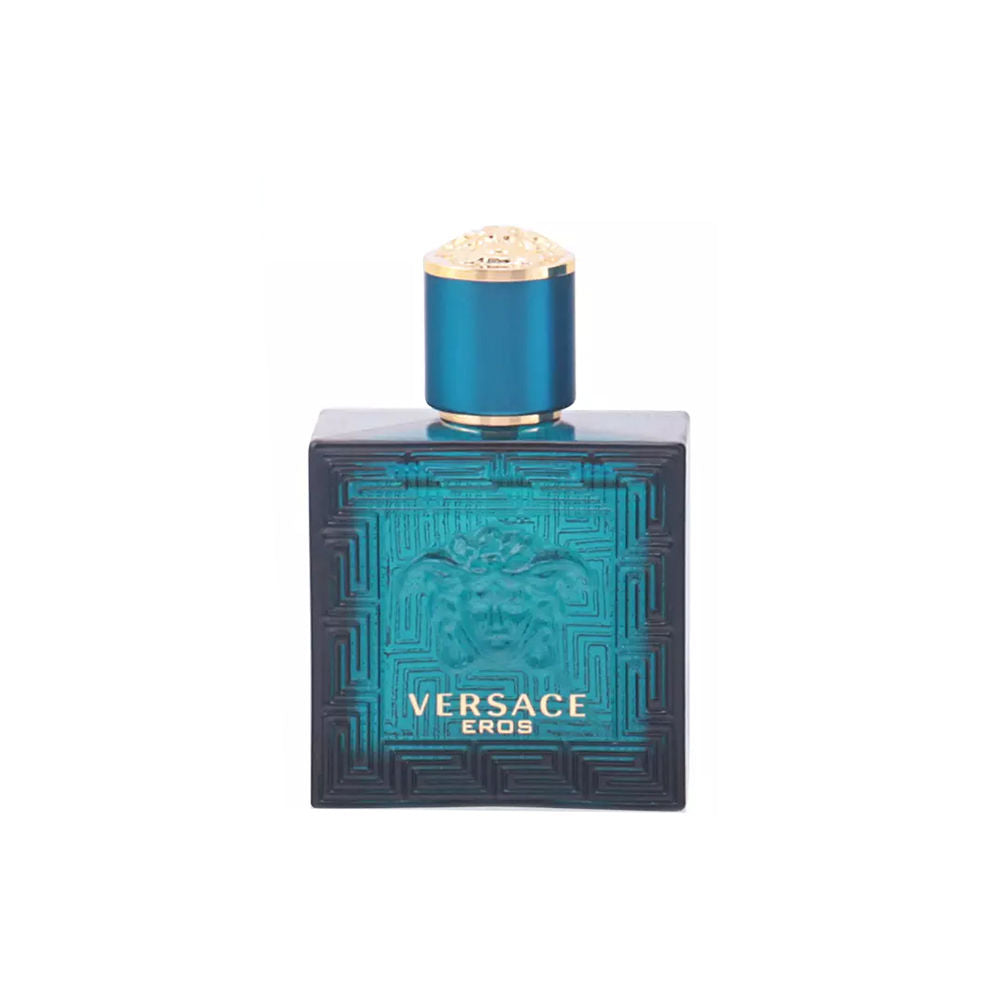 Rectangular blue glass perfume bottle with Greek key frieze and medusa relief, 50 ml