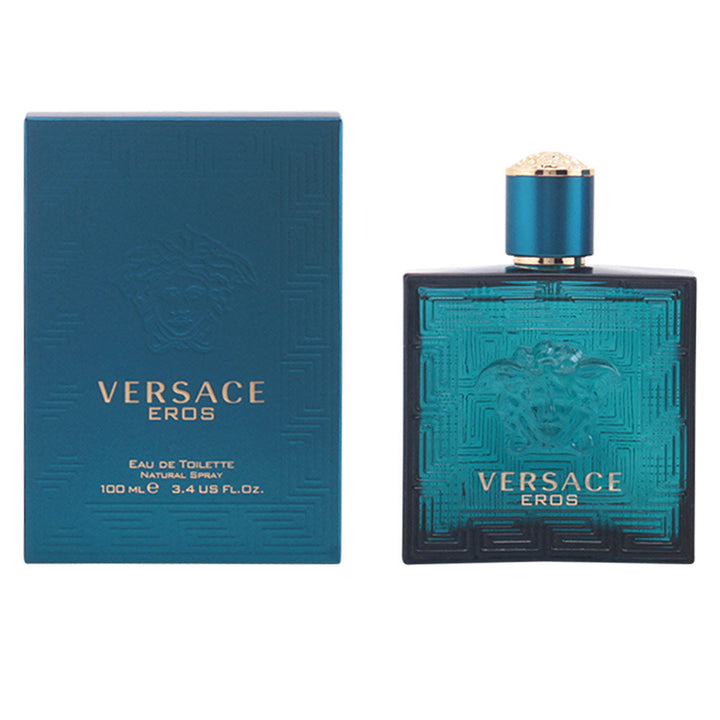 Rectangular blue glass perfume bottle with Greek key frieze and medusa relief, 50 ml