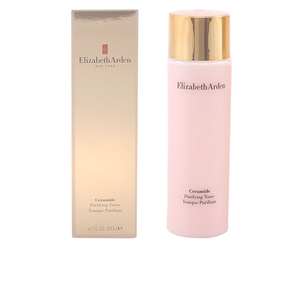 Elizabeth Arden Ceramide Cleansing Tonic in clear cylindrical plastic bottle with pink liquid, gold metallic screw cap, boxed