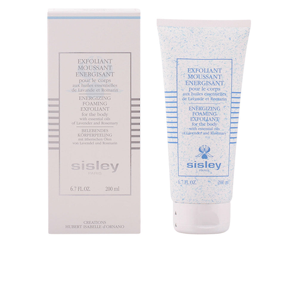 Sisley White foaming body exfoliant with blue speckles in minimalist tube and matching box, blue text lines.