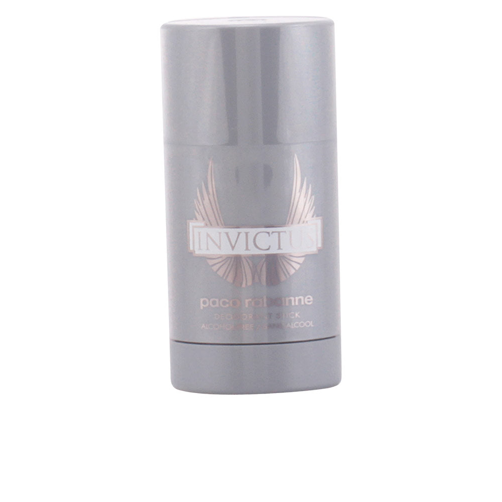 Silver plastic cylindrical deodorant stick with twist-up base, winged logo and text label, Rabanne