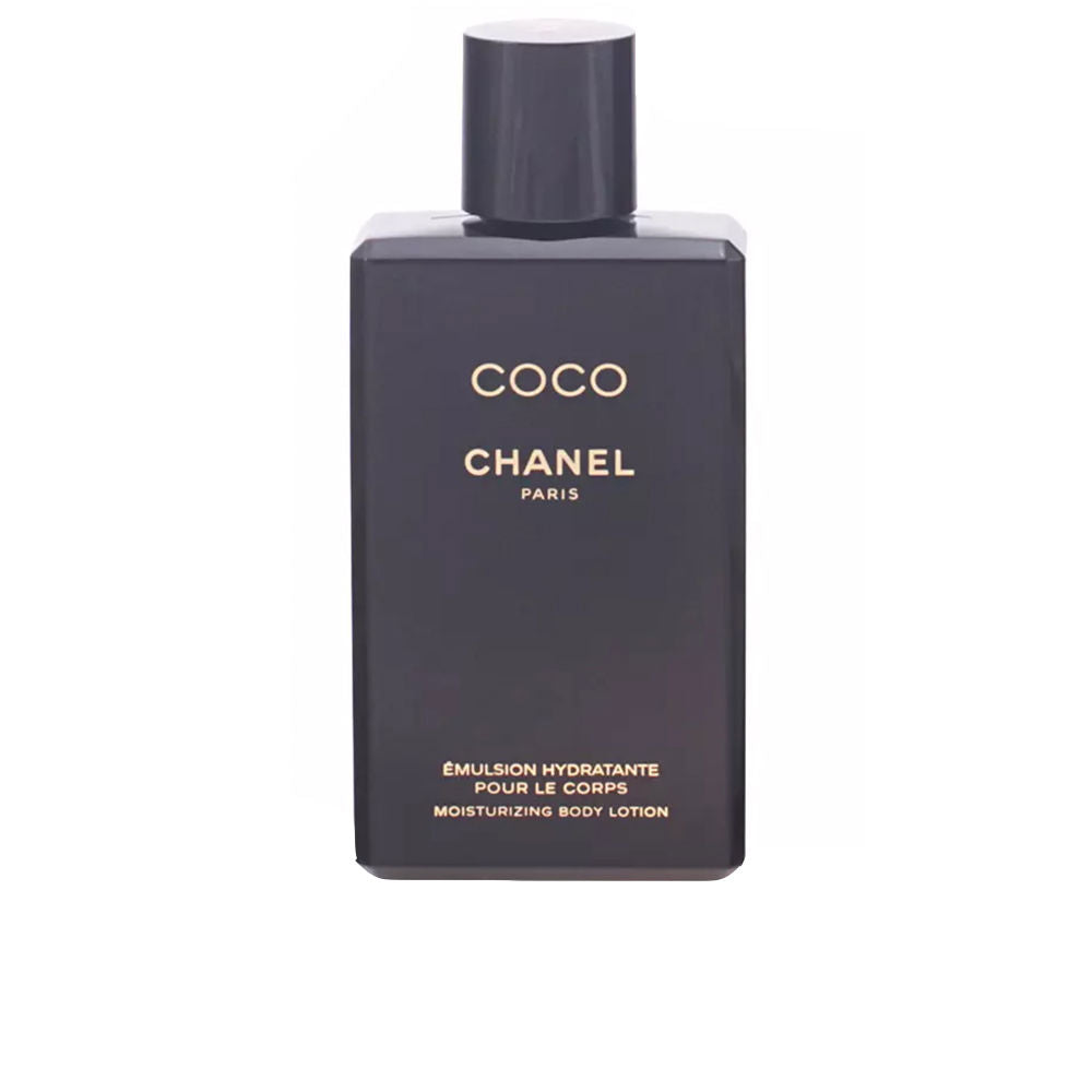 Chanel Black rectangular bottle with gold text and screw cap, minimalist luxury moisturizing body lotion
