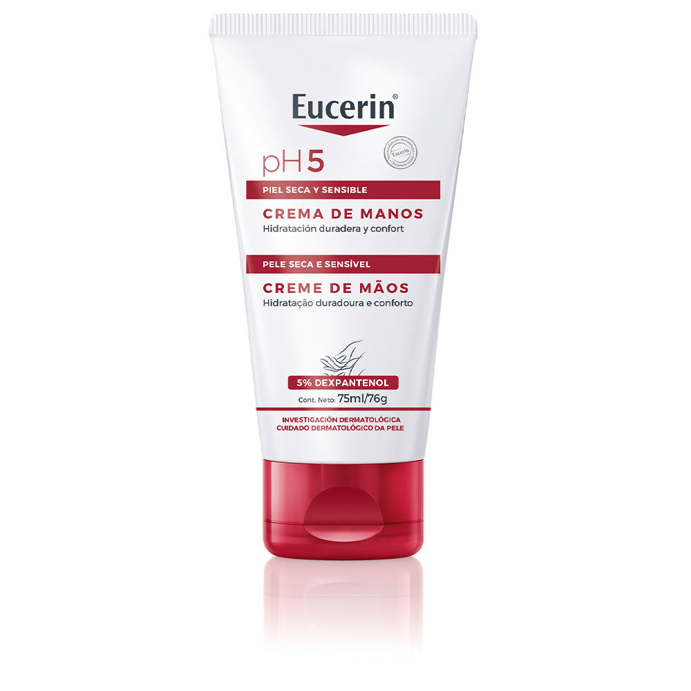Tube of Eucerin pH5 hand lotion with clean, clinical packaging on neutral background