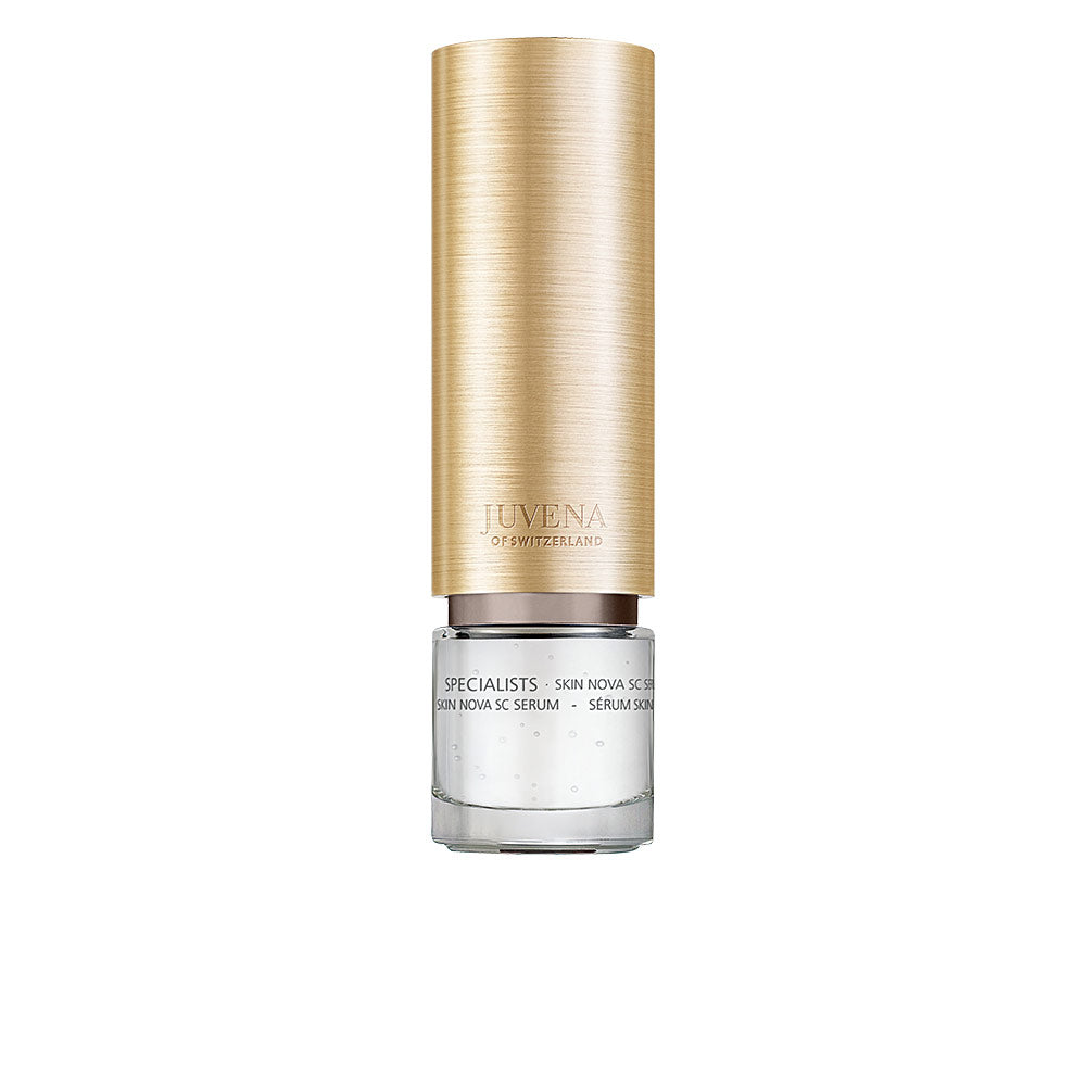 Bottle of Juvena Skin Nova SC regenerating serum beside minimal styling props