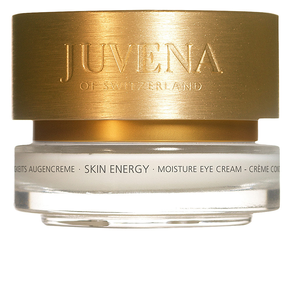 Jar of Juvena Skin Energy Eye Cream on neutral background, luxe minimal packaging