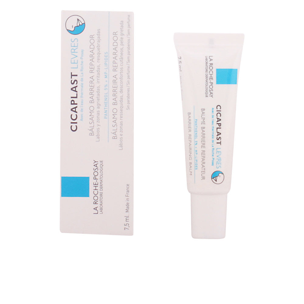 Small white balm tube with blue accents in box, plastic tube and cardboard box, la Roche Posay