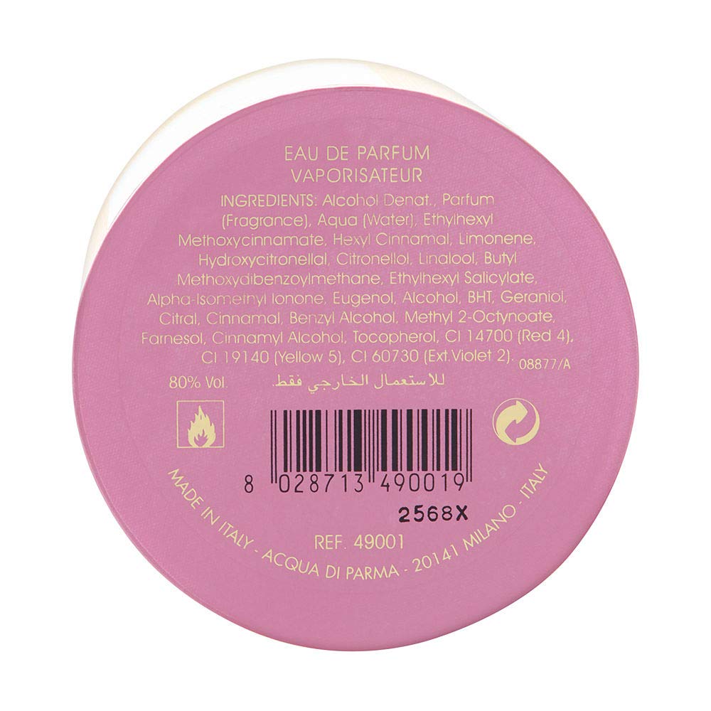 Glass 100 ml perfume bottle with pale rose-coloured fragrance and minimalist label