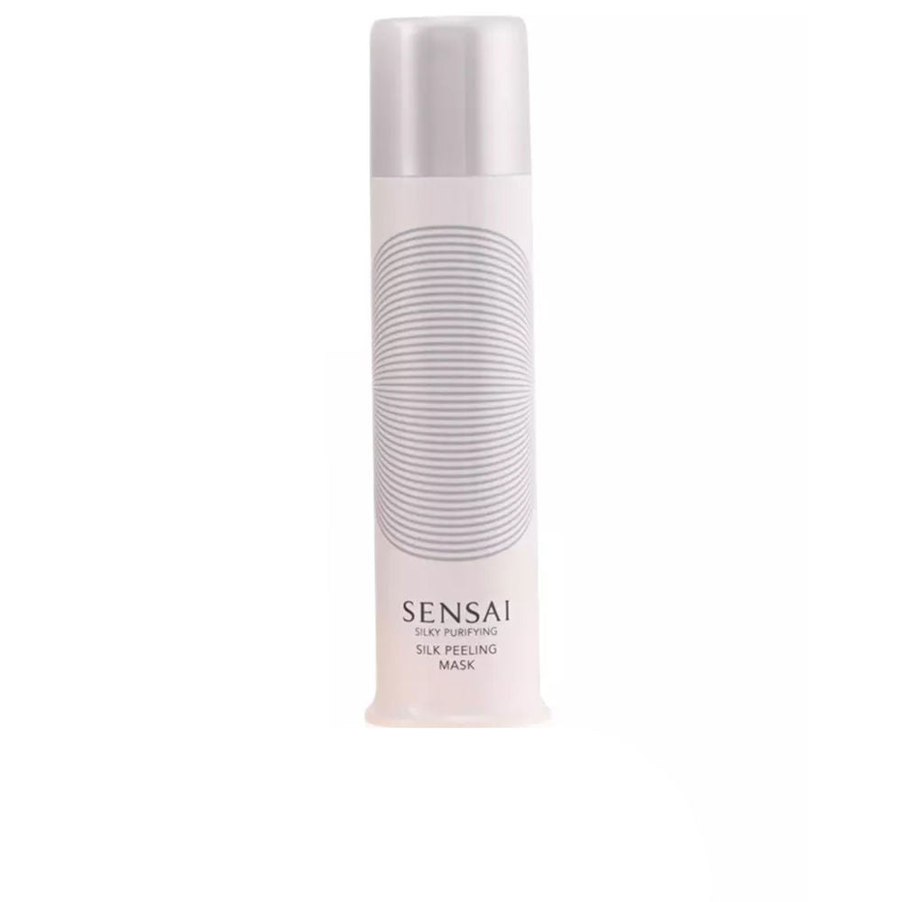 Sensai White cylindrical plastic peeling mask bottle with silver cap, horizontal line pattern and printed text