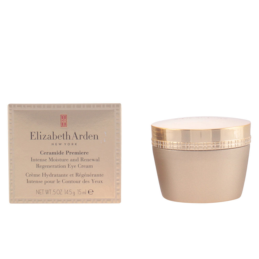 Elizabeth Arden Gold, round plastic eye cream jar with matte finish and decorative lid band, refined luxury packaging