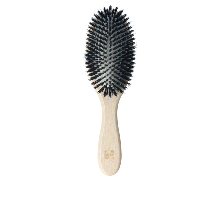 Waxed beech wood paddle brush with boar and nylon bristles, rubber cushion