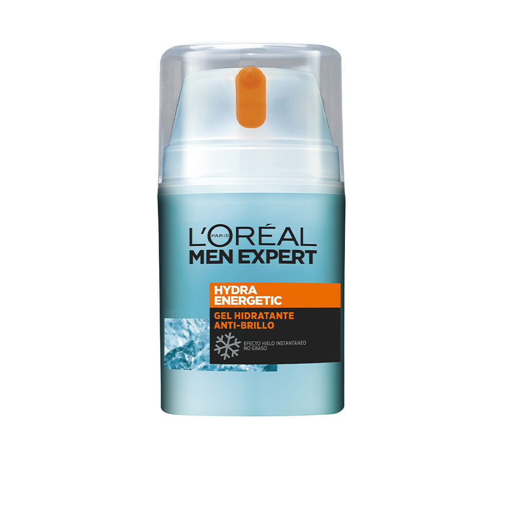 Light blue gel moisturizer in plastic pump bottle with transparent cap, modern clean design, L'Oréal Paris