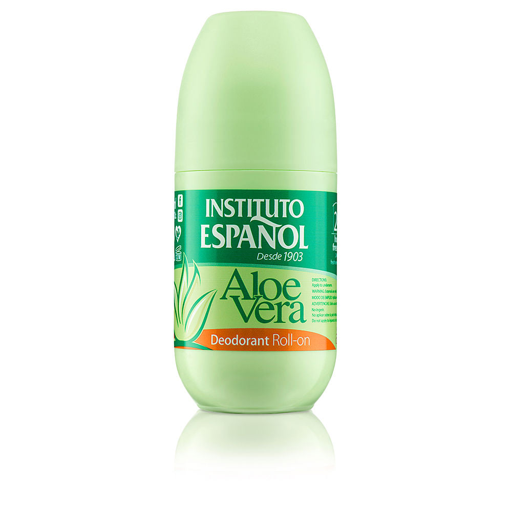 Instituto Español Light green plastic roll-on deodorant with aloe graphic, dark green cap and orange accent label — Instituto Espa 1ol