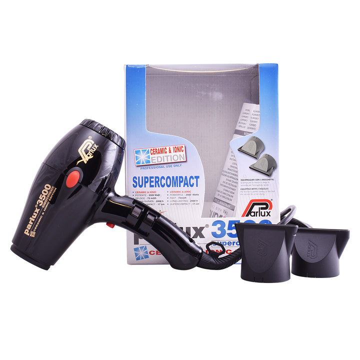 Black compact ionic ceramic hair dryer with two concentrator nozzles, 3 m cable, Unisex