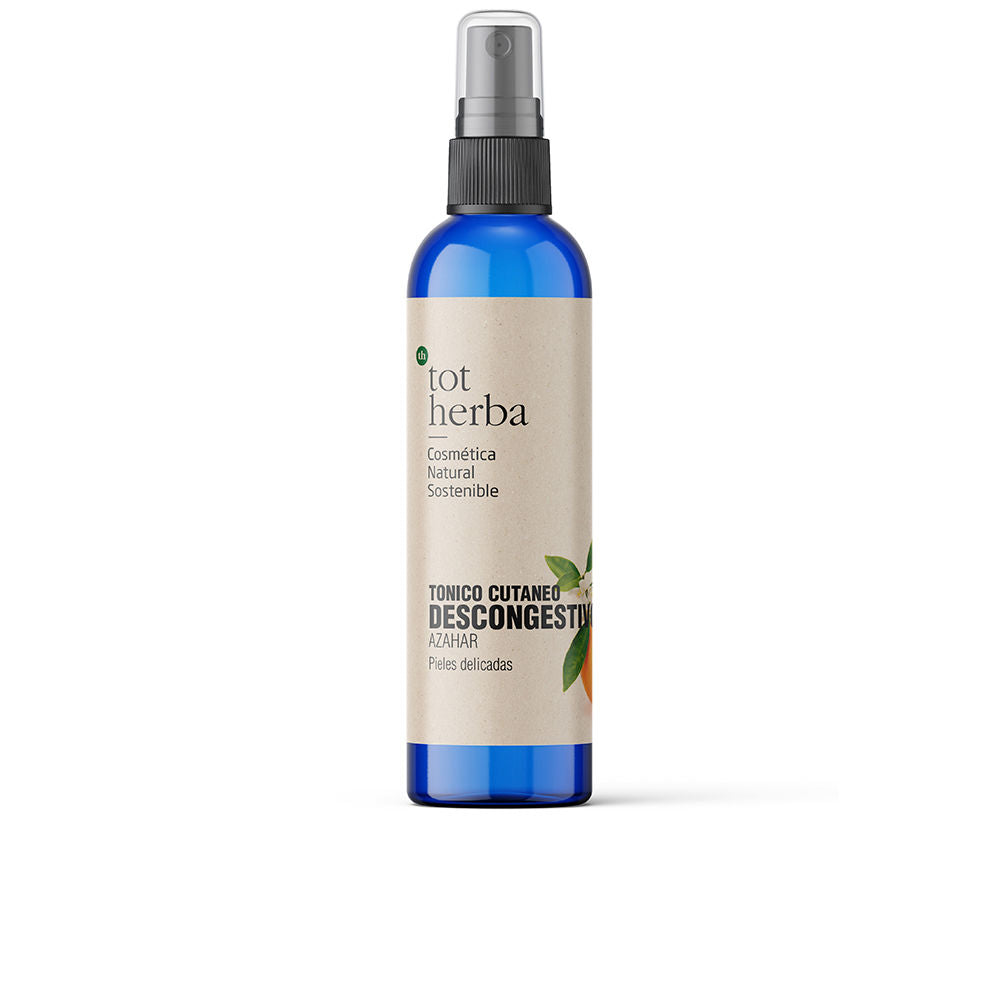 Tot Herba Plastic blue skin toner bottle with spray nozzle, transparent cap, minimalist label and small green leaf graphic