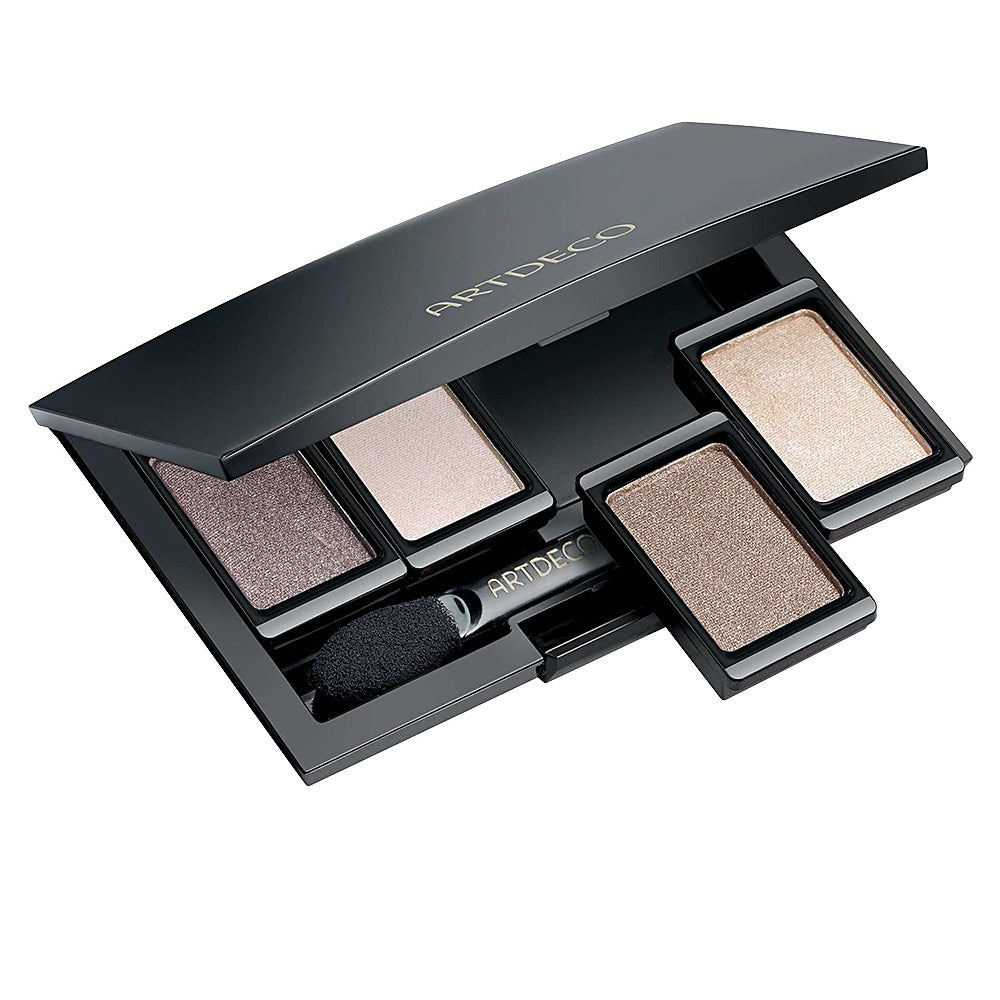 Artdeco Sleek black magnetic eyeshadow palette with four beige and brown rectangular pans, compact brush
