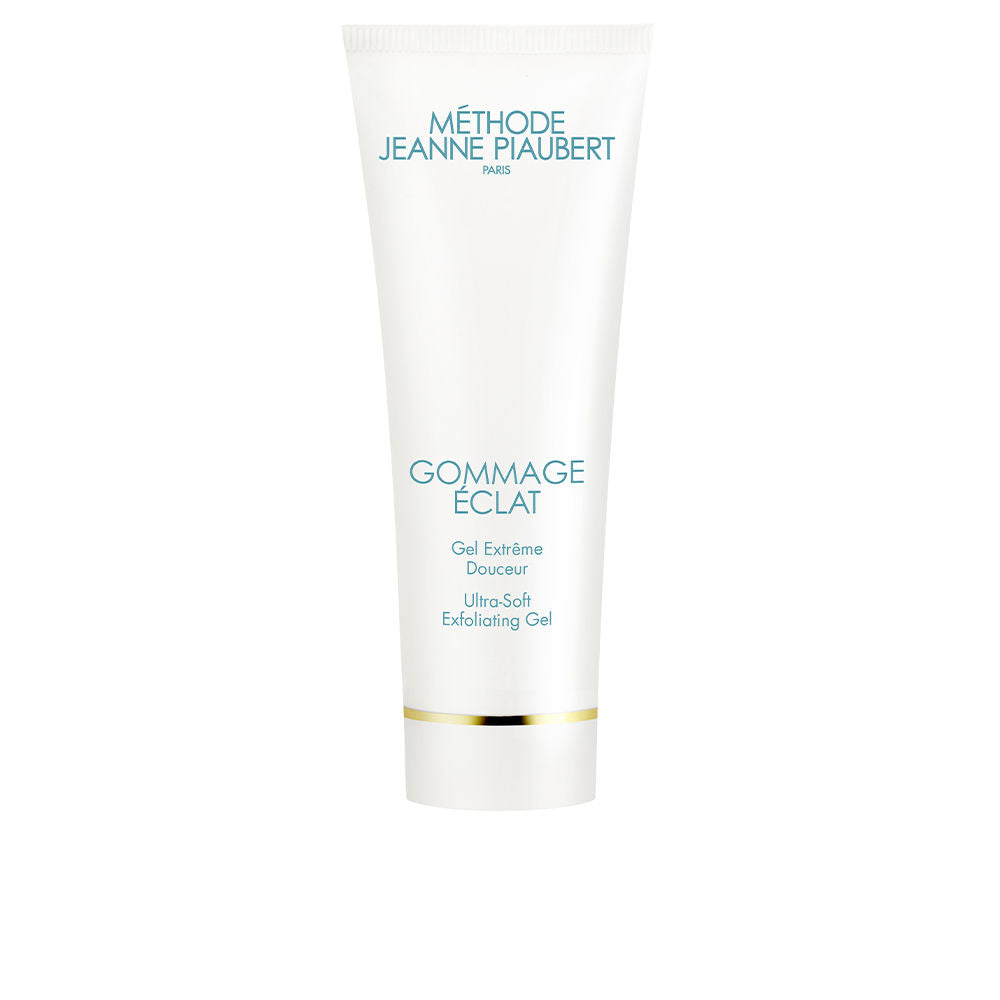 Jeanne Piaubert White exfoliating gel in a minimalist plastic tube with gold horizontal stripe, Jeanne Jules signature.