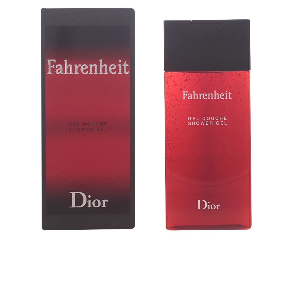 Rectangular red and black shower gel bottle with black cap beside gradient cardboard box, Dior