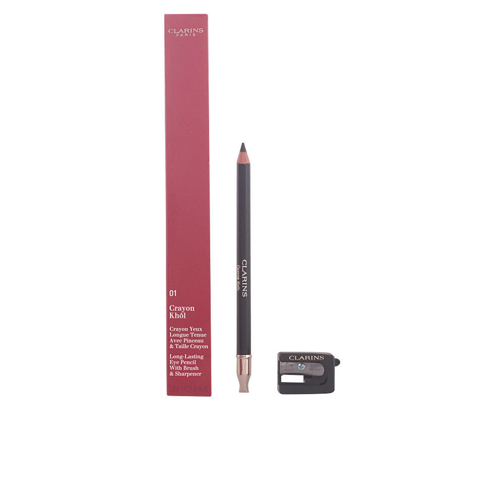Refined black kohl eye pencil in wood casing with brush end, sharpener, box, Clarins logo visible