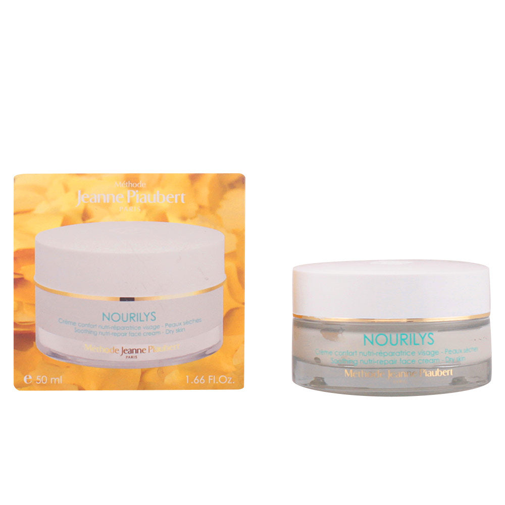 Jeanne Piaubert Minimalist plastic or glass face cream jar with screw lid, gold band, white cream visible, light-blue accents