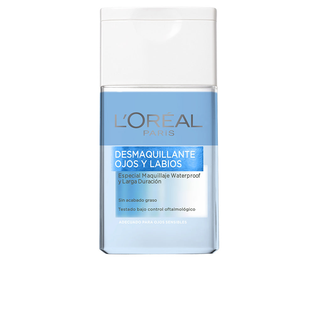L'Oréal Paris Rectangular transparent plastic bottle with white flip-top cap, blue-and-white two-layer liquid and front label