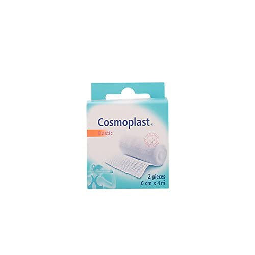 White rolled elastic bandage with visible mesh texture, compact packaging showing product image, Cosmoplast