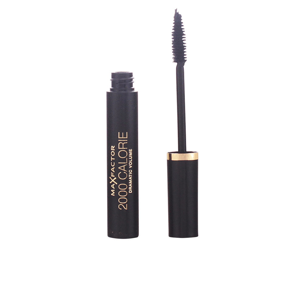 Max Factor Black mascara wand with curved brush beside cylindrical gold-accented tube, sleek modern plastic finish