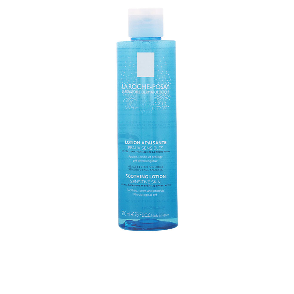 La Roche-Posay Soothing Physiological Lotion bottle alongside cotton pad on neutral background