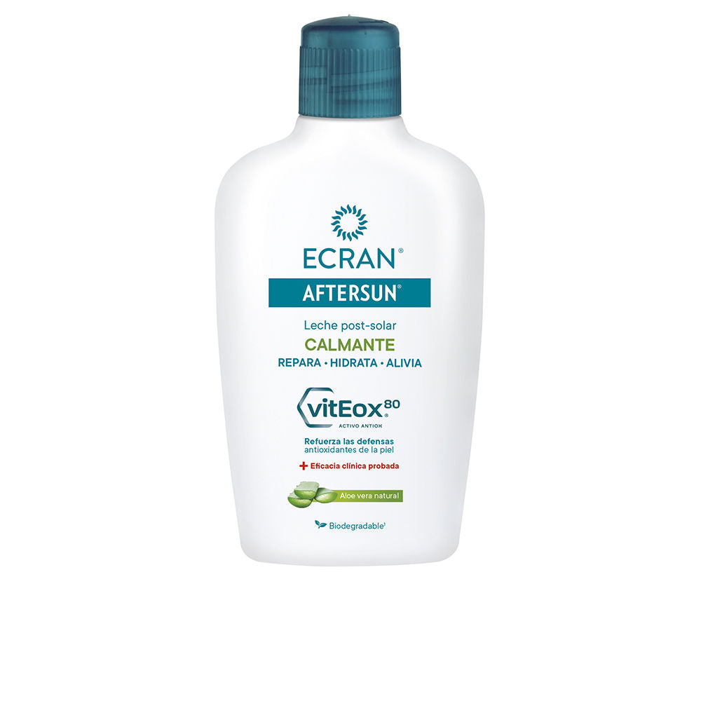 Bottle of Ecran Aftersun moisturizing milk with aloe vera, soothing post-sun lotion
