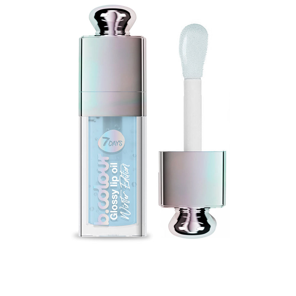 7days Light blue and silver lip oil in transparent plastic tube with metallic cap and applicator wand, modern sleek design