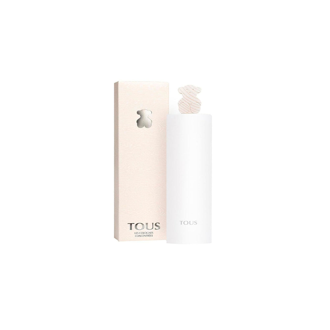 Tous Light pink rectangular glass perfume bottle with bear-shaped cap, textured cardboard box, silver logo