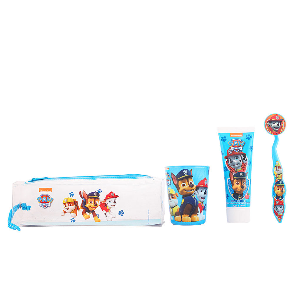 Children's dental care set with cartoon character prints, zipper fabric pouch, toothbrush, toothpaste, cup in blue, white, red, yellow