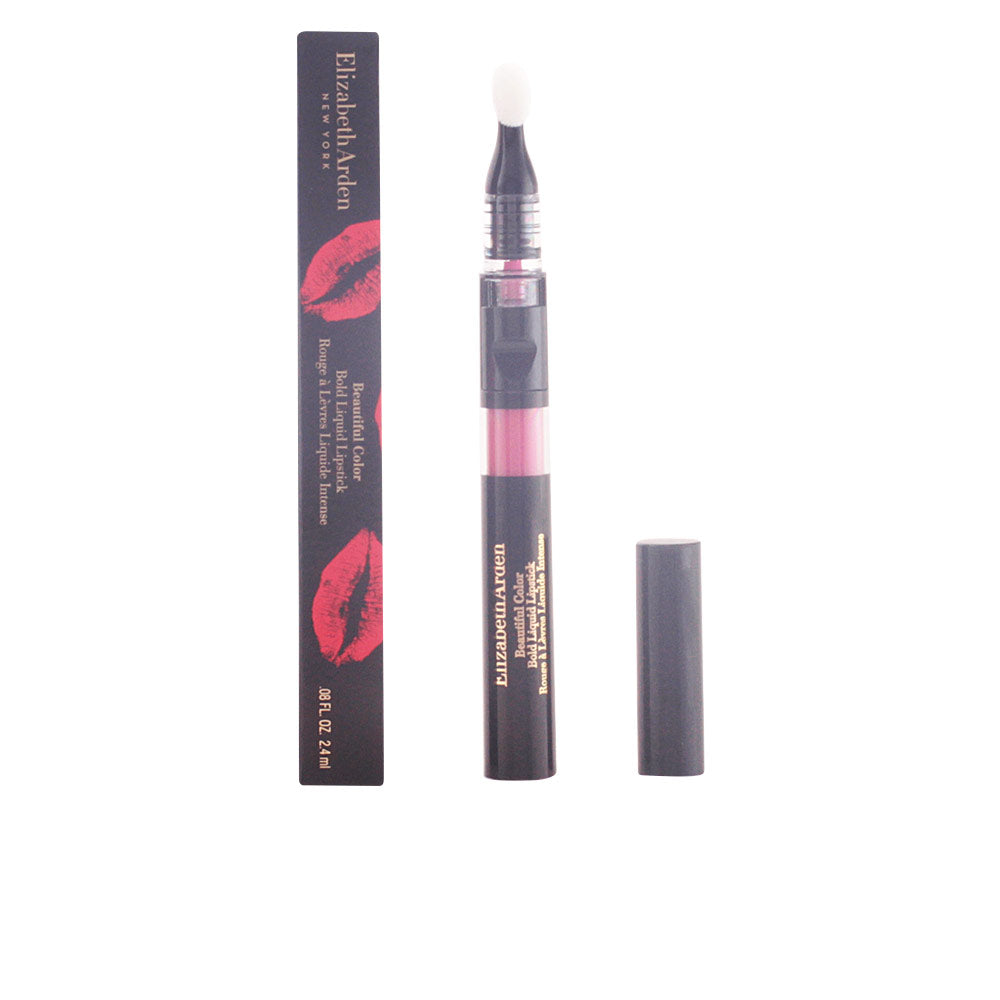 Elizabeth Arden Sleek plastic liquid lipstick with transparent pink reservoir, black cap, gold printed text, red lip-print packaging.