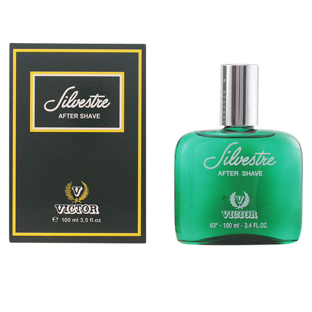 Glass rectangular aftershave bottle in green with silver cap, printed text and bordered packaging — Victor