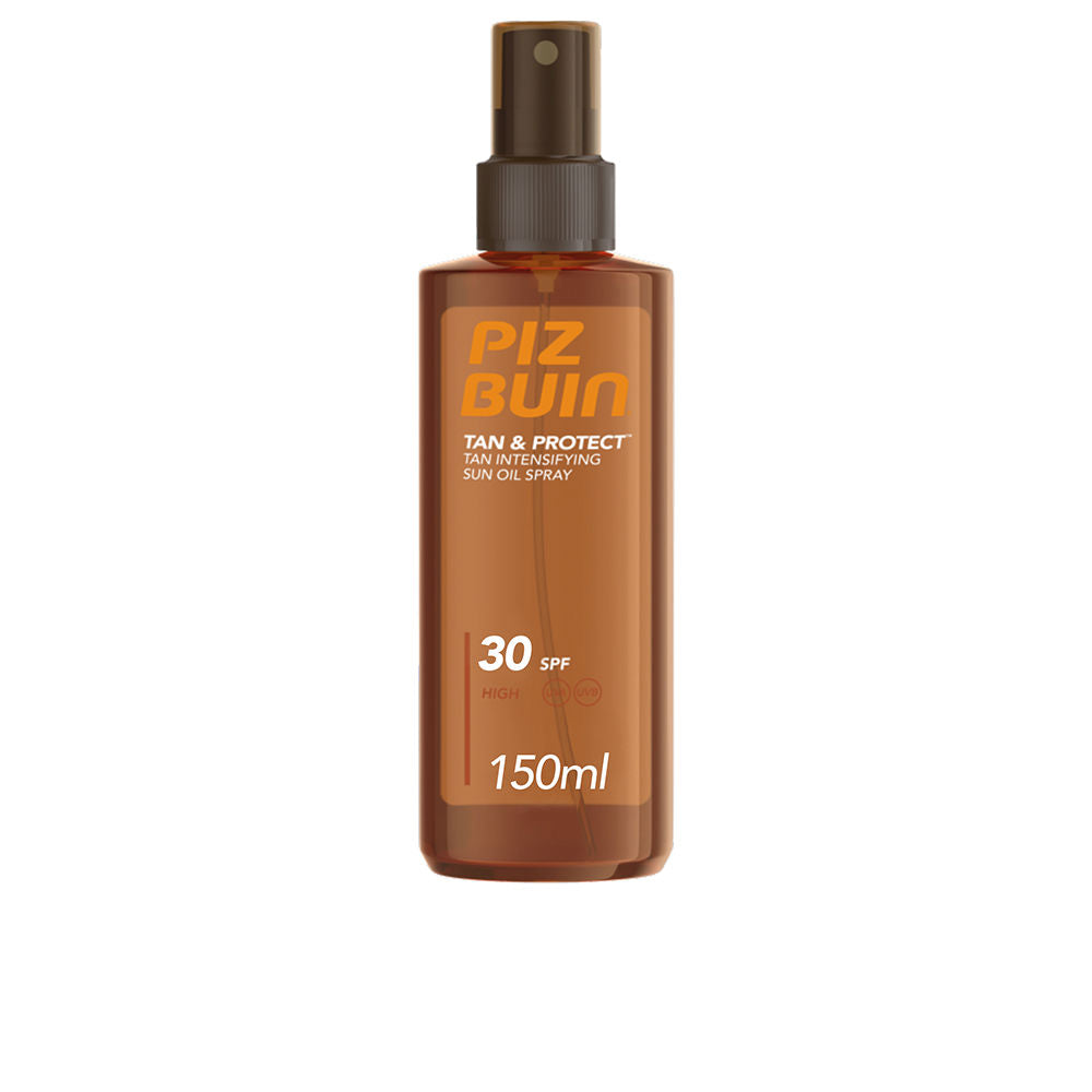 Brown transparent plastic sun oil spray with spray nozzle, labeled TAN &amp; PROTECT SPF30, Piz Buin