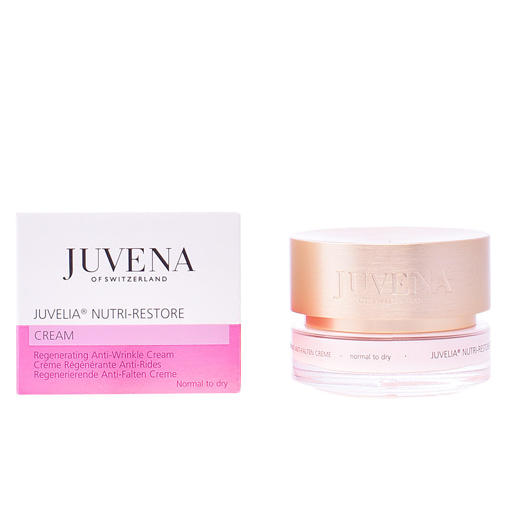 Jar of Juvena Juvelia Nutri‑Restore cream for dry, mature skin on neutral background