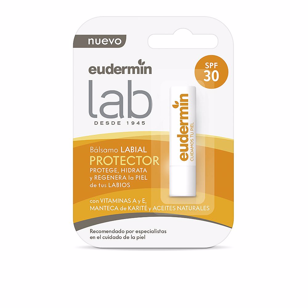 Eudermin White and orange plastic lip balm stick with SPF 30 label, hanging-tab packaging, simple clinical styling