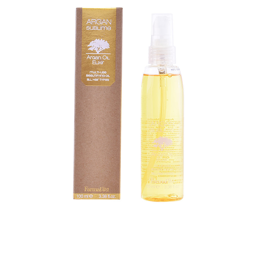 100 ml amber bottle of argan hair oil with pump, lightweight finishing elixir