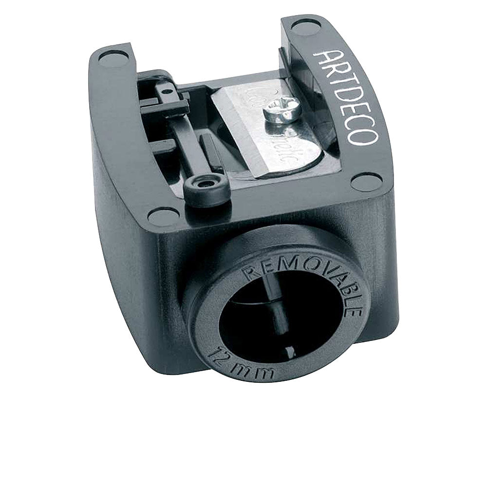 Black jumbo pencil sharpener in plastic and metal, single-hole with removable metal blade and engraved Artdeco