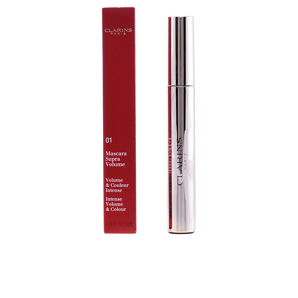 Clarins Sleek metallic red and silver cylindrical mascara tube beside rectangular box, printed text and logo visible