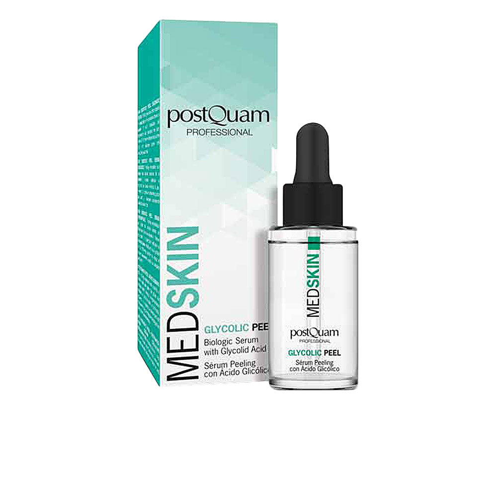 Sleek glass bottle of Postquam MED SKIN glycolic micropeel serum on neutral background