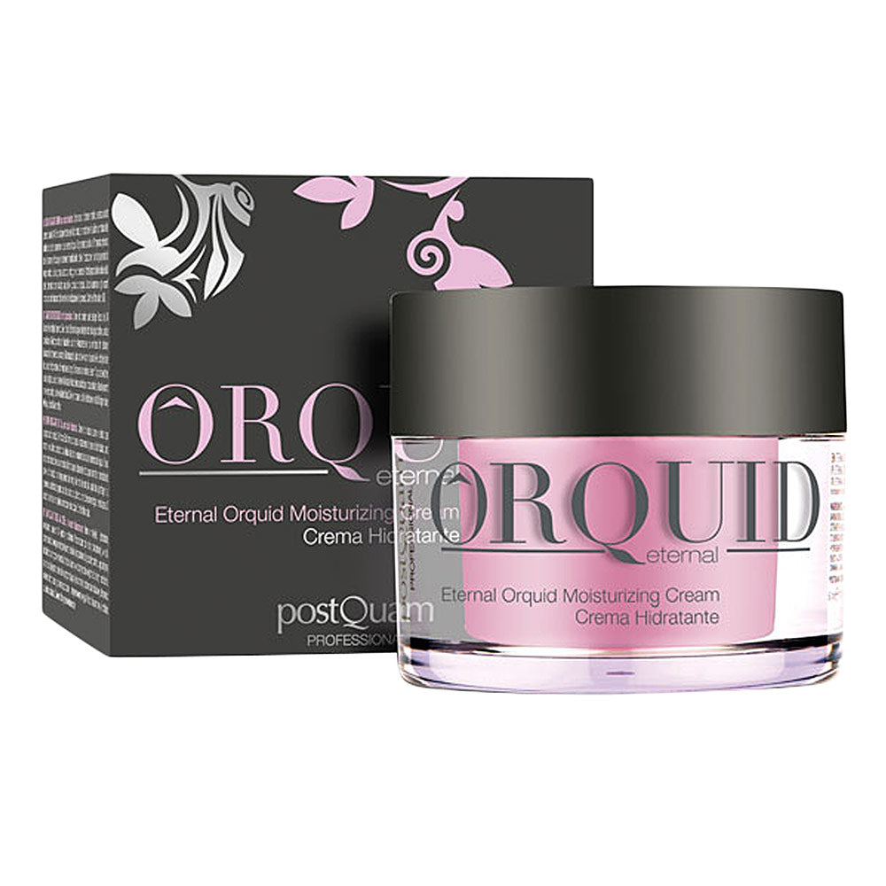 Glass cylindrical jar with transparent body showing pink cream, black lid, floral box and printed text, Postquam