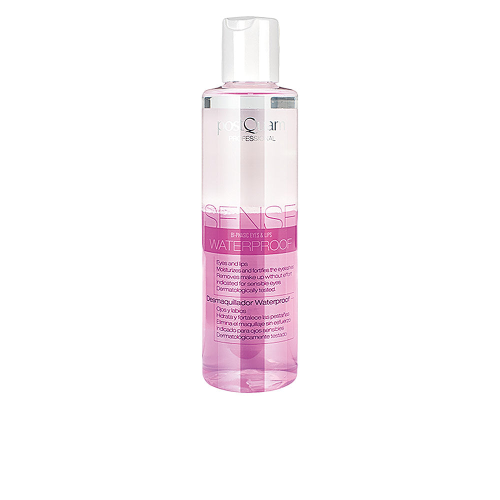 Postquam pink-and-clear transparent plastic bottle with flip-top cap, bi-phase makeup remover visible separation