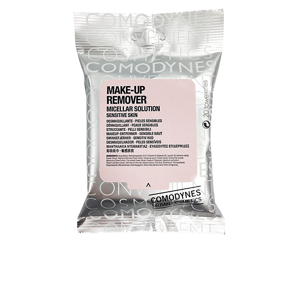 Comodynes Pack of micellar cleansing wipes in soft white packaging, gentle formula described for sensitive skin