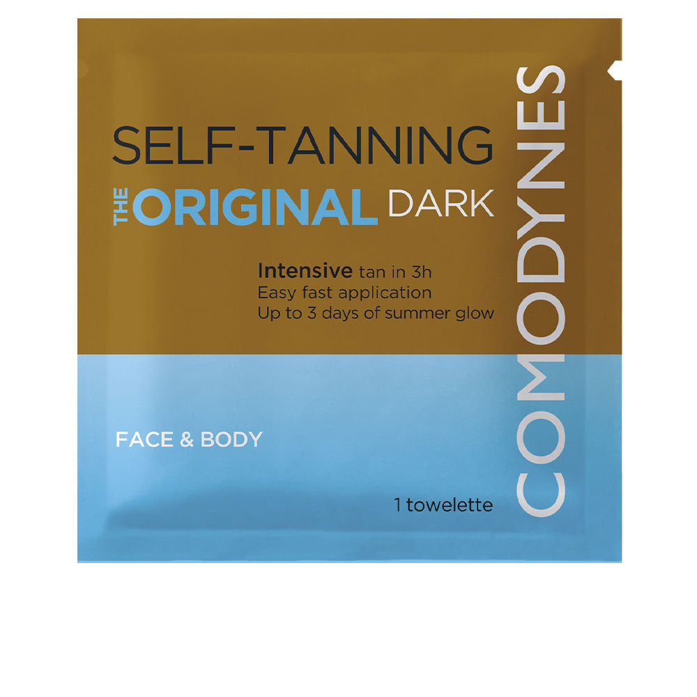 Comodynes Two-tone brown and blue plastic sachet with vertical brand name, varied fonts, and usage instructions visible