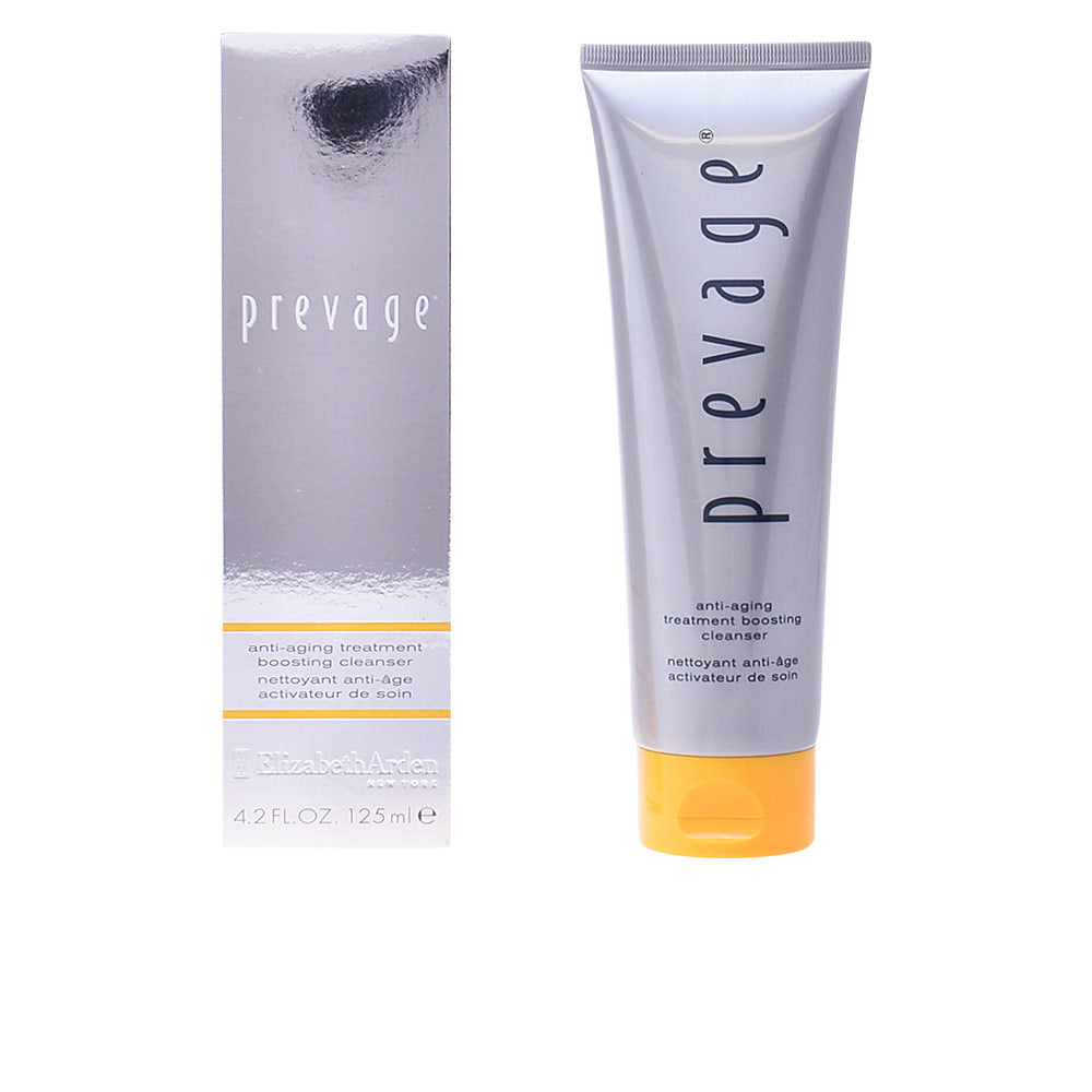 Silver and yellow plastic cleanser tube with flip-top cap beside cardboard box, modern minimalistic design, Elizabeth Arden