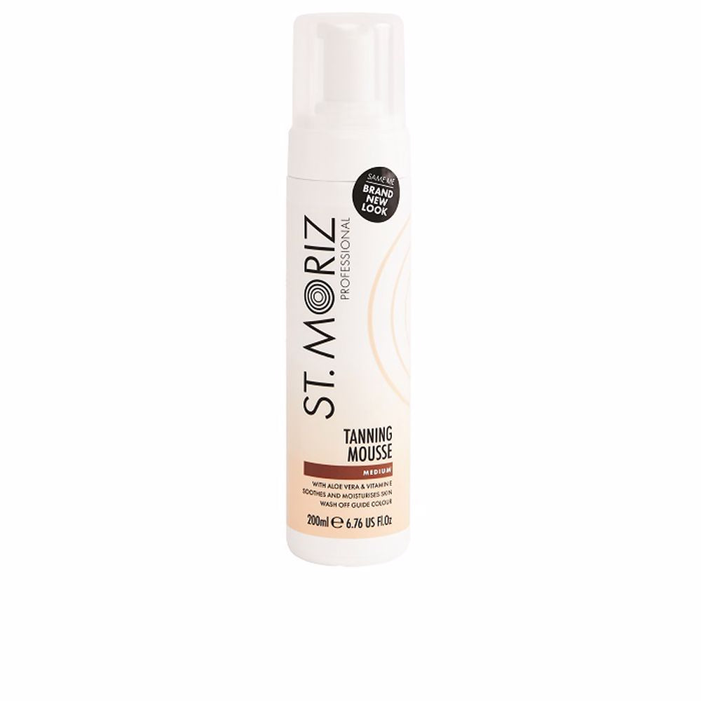 St. Moriz White plastic cylindrical tanning mousse bottle with pump dispenser, beige and black label, circular &